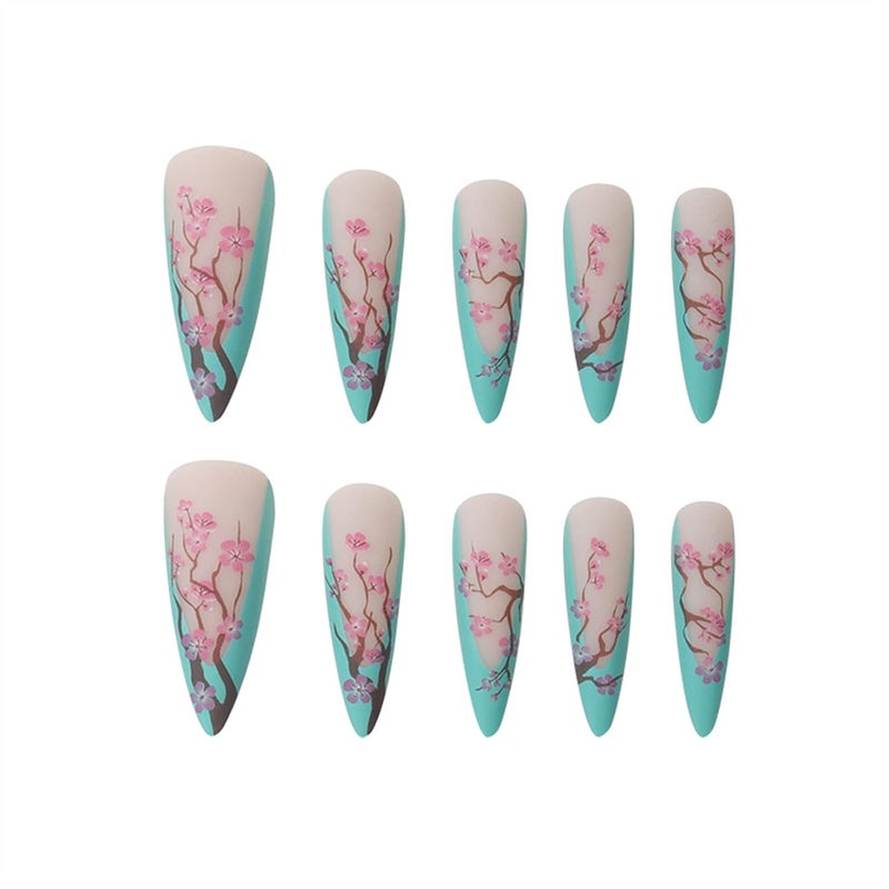 SINHOT Long Press On Nails Stiletto False Nails French Tip Fake Nails Ombre Glue on Nail Plum Blossom Acrylic Nail with Designs for Women and Girls - Image 3